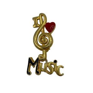 Vintage Gold Tone Treble Clef I Love Music Enamel Red Heart Brooch